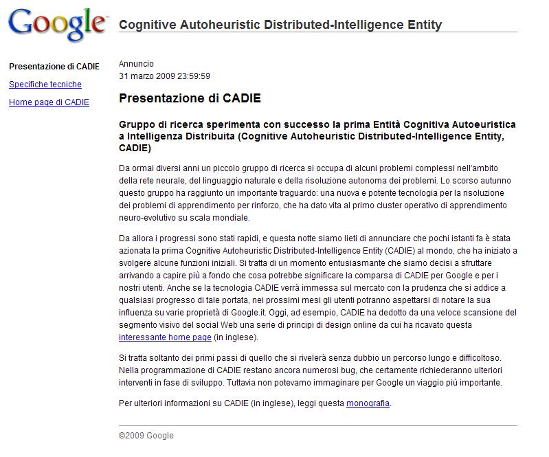 Cadie di Google: Entità Cognitiva Autoeuristica ad Intelligenza Distribuita