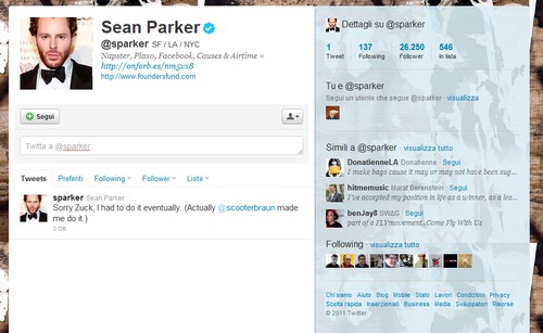 Sean Parker è su Twitter, scusa Zuck 