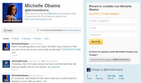 Michelle Obama apre il suo profilo Twitter