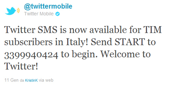 Twitter SMS attivo anche per utenti TIM