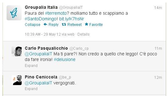 Terremoto in Emilia Romagna: la caduta di stile di Groupalia su Twitter