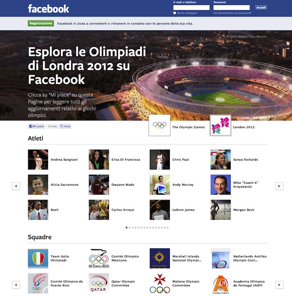 La pagina delle Olimpiadi di Londra 2012 è ora disponibile su Facebook 