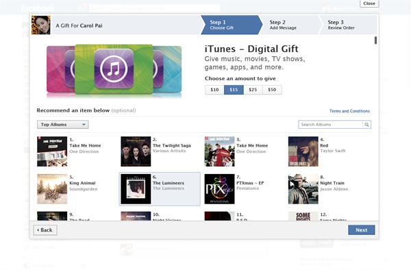 Facebook Gifts, disponibili le carte regalo iTunes