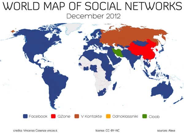 Facebook domina in 127 paesi nella mappa mondiale dei social network 