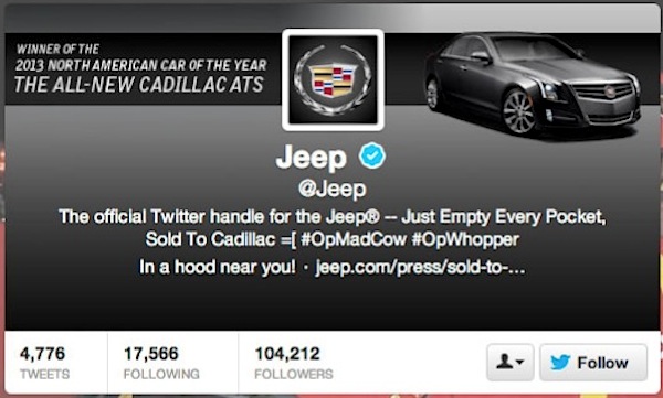 Account Twitter Jeep attacco hacker Cadillac