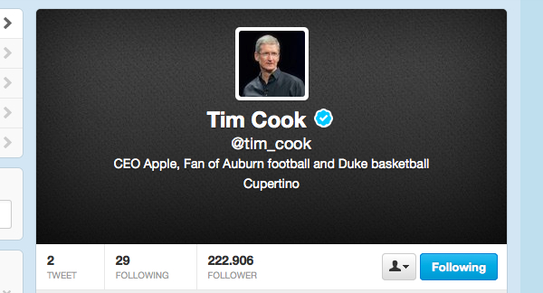 Apple, Tim Cook si è iscritto a Twitter 