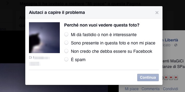 Screenshot della finestra visualizzata quando si segnala una foto su Facebook