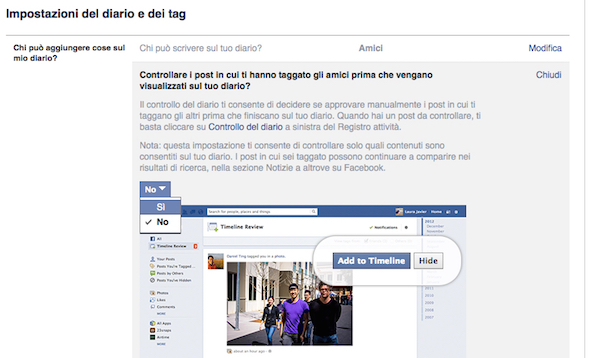 Screenshot della sezione Impostazioni di Facebook dedicata al controllo dei tag