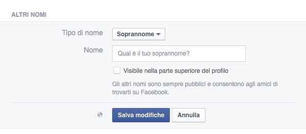 Screenshot della funzione che consente di aggiungere nome tra parentesi su Facebook