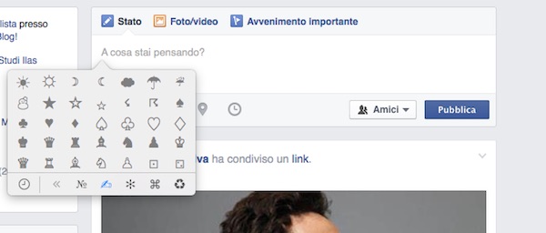 Screenshot che mostra come inserire caratteri speciali su Facebook da Mac