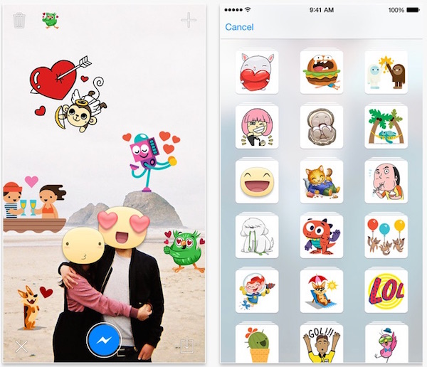 Screenshot che mostra il funzionamento dell'app Facebook Stickered su iOS