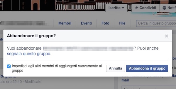 Screenshot che mostra come annullare l'iscrizione a un gruppo Facebook