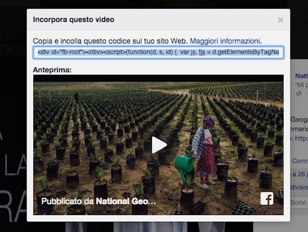 Screenshot che mostra come fare per incorporare i video da Facebook