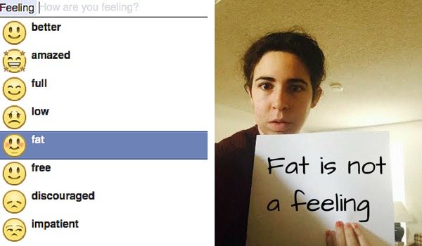 Immagine utilizzata per promuovere la petizione su Change.org per rimuovere l'emoticon Facebook Mi sento grasso