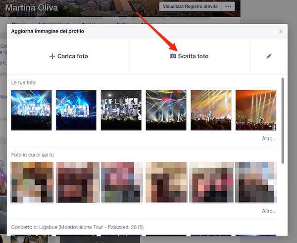 Screenshot di Facebook che mostra che cosa bisogna fare per scattare una foto da usare per il profilo 
