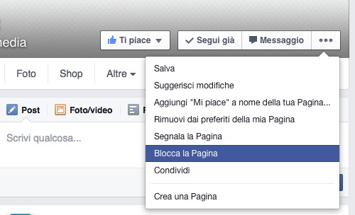 Screenshot che mostra come bloccare una pagina Facebook