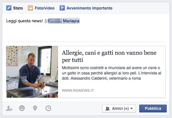 Screenshot che mostra come dedicare un link su Facebook