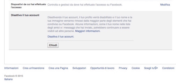 Screenshot che mostra come fare per sospendere l'account Facebook
