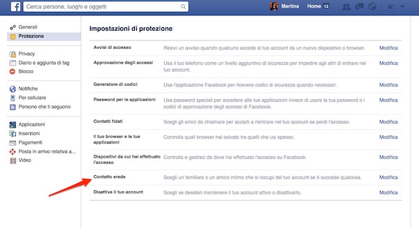 Screenshot che mostra come nominare il contatto erede su Facebook