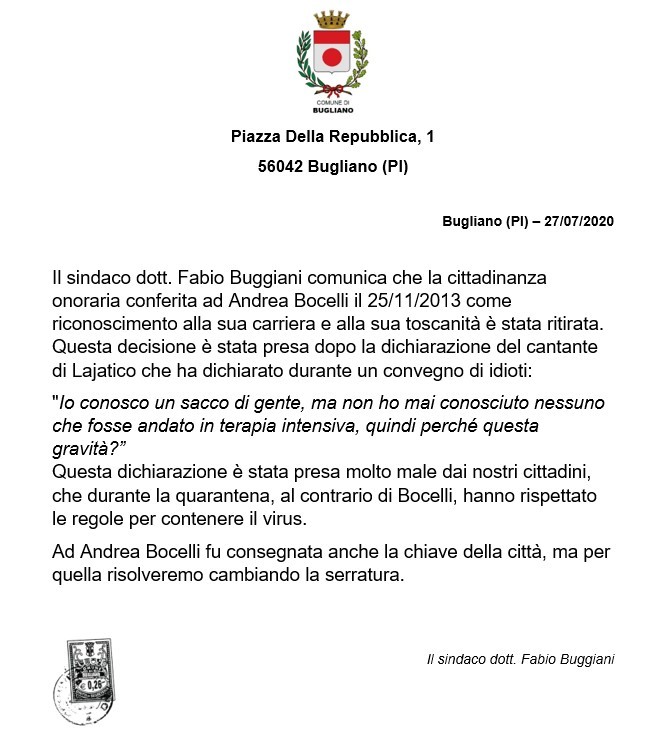 Lo strano post Facebook del Comune di Bugliano su Andrea Bocelli